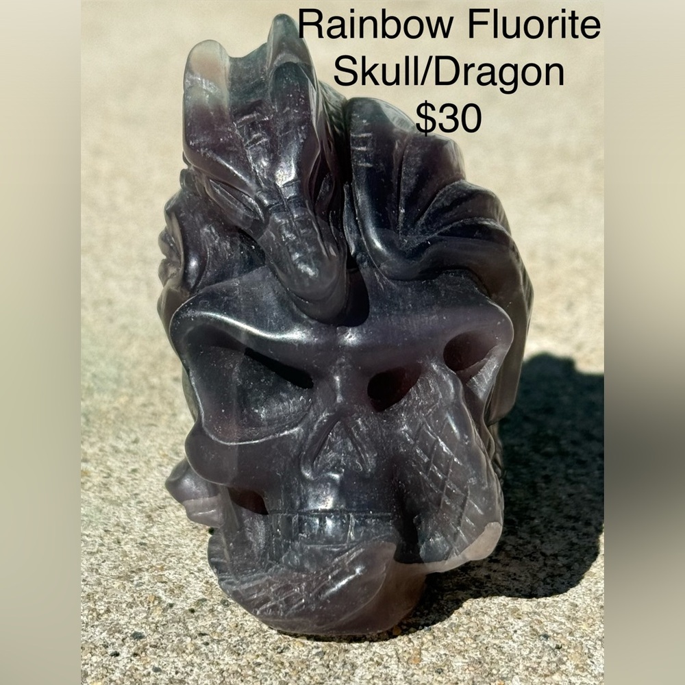 Rainbow Fluorite Skull & Dragon Carving - Deep Purple Accent